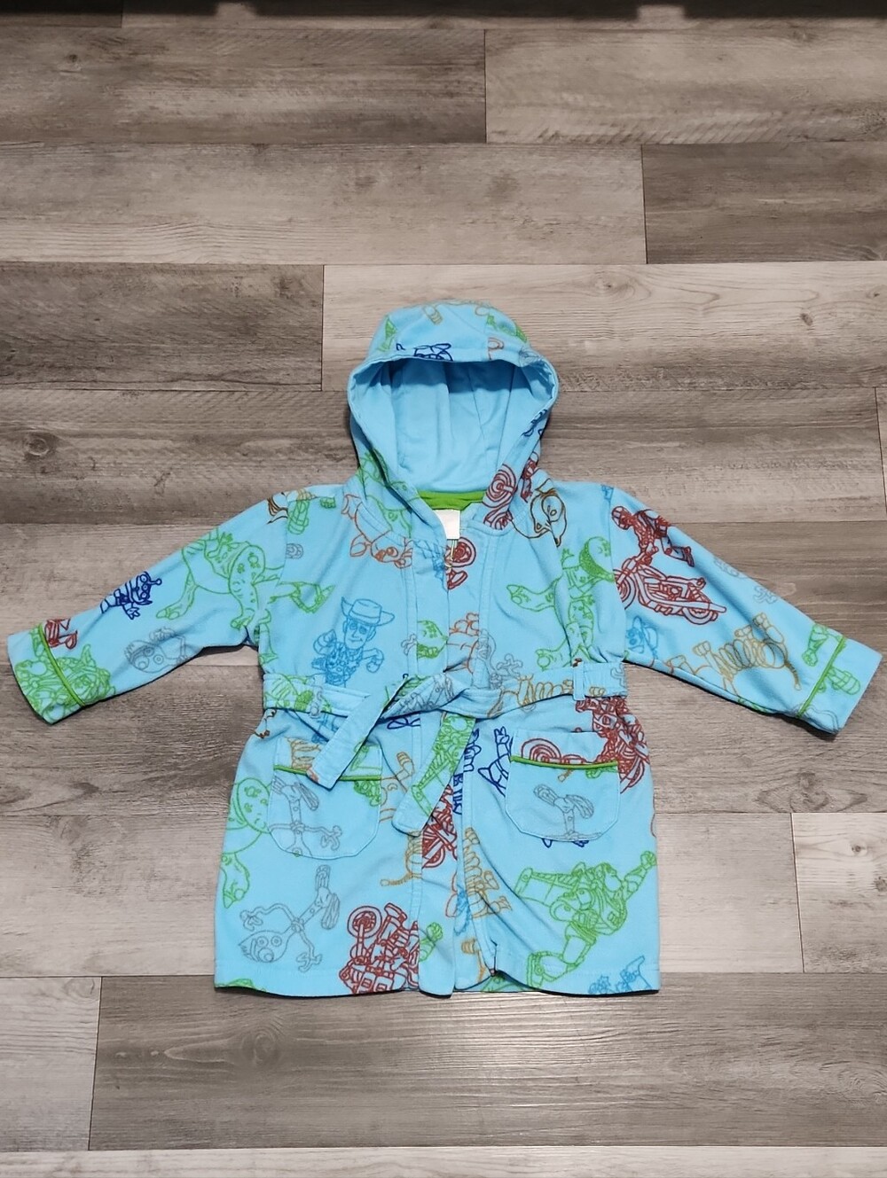 Disney Toy Story Kids Beach Bath Robe Hood Light Blue Green Satin Accent  Sz 4